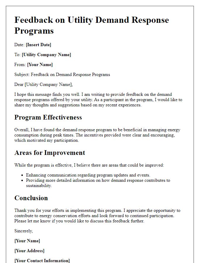 Letter template of feedback on utility demand response programs