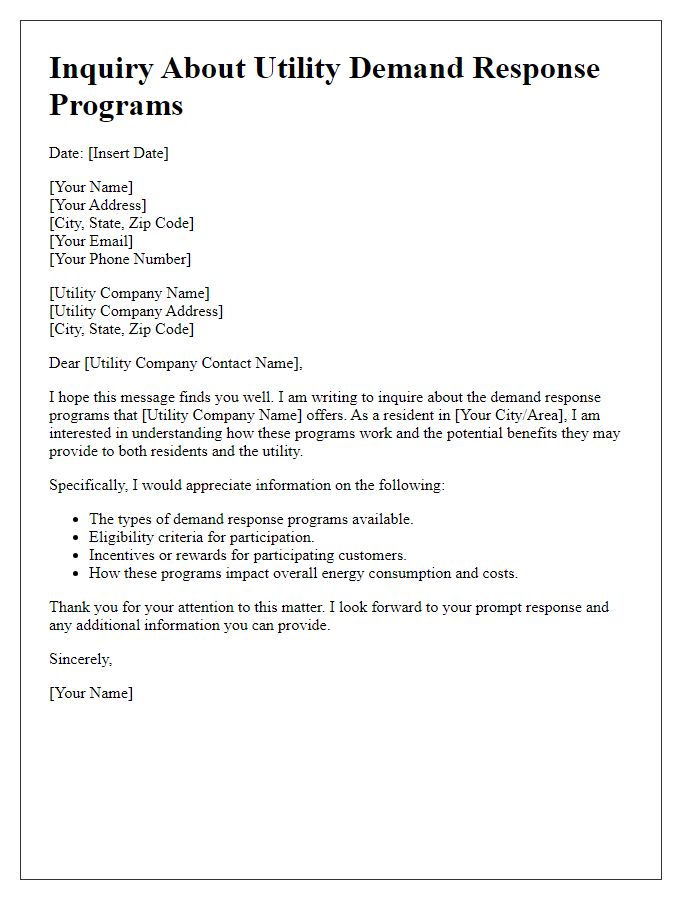 Letter template of inquiry about utility demand response programs