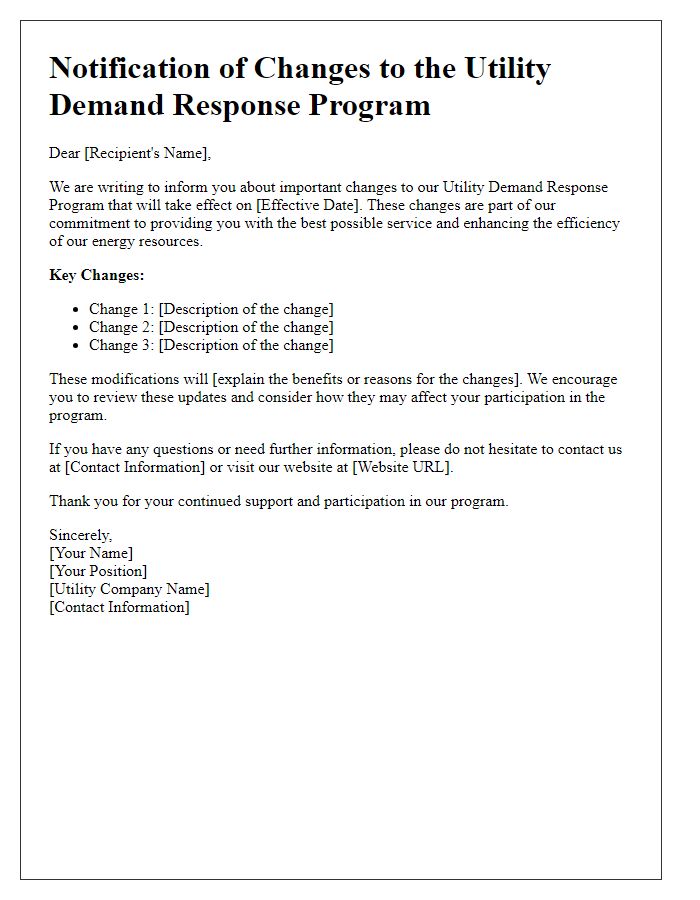 Letter template of notification for utility demand response program changes