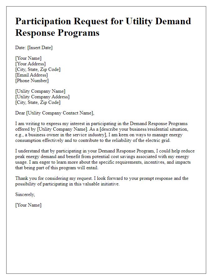 Letter template of participation request for utility demand response programs