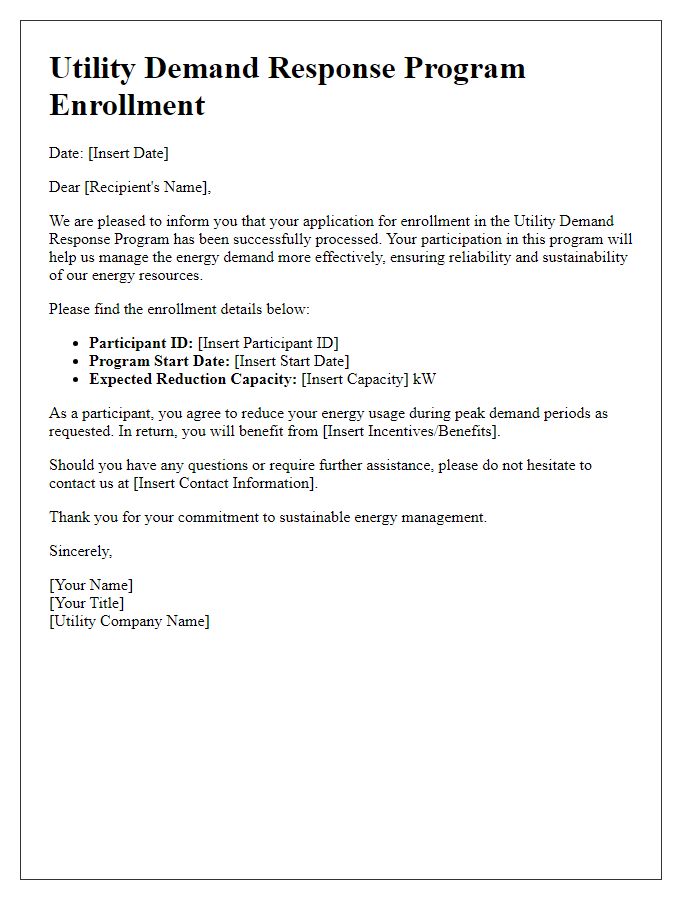 Letter template of program enrollment for utility demand response