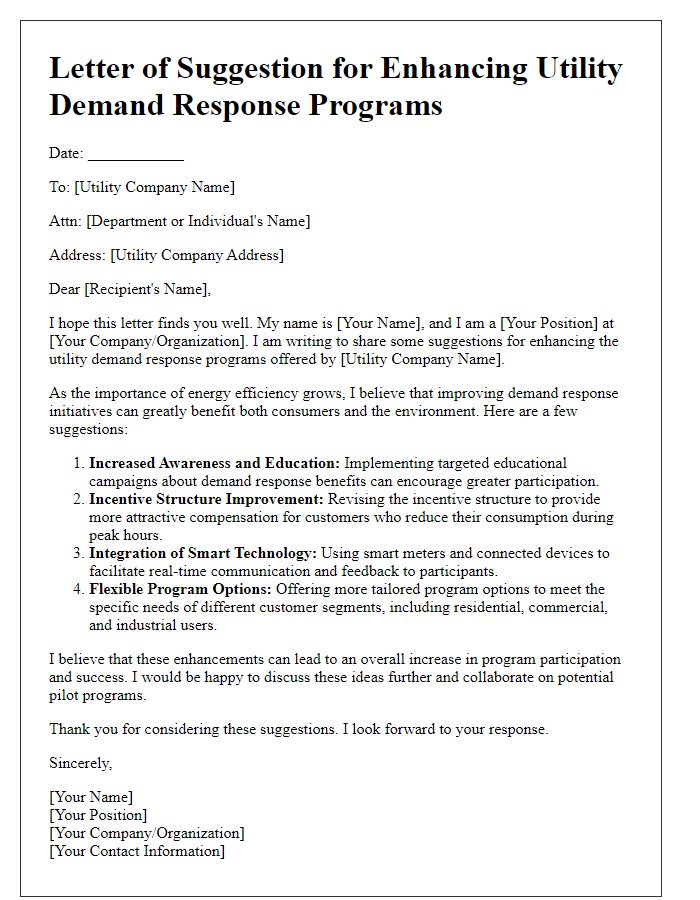 Letter template of suggestion for enhancing utility demand response programs