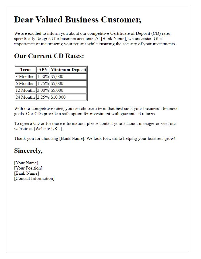 Letter template of competitive CD rates for business accounts.