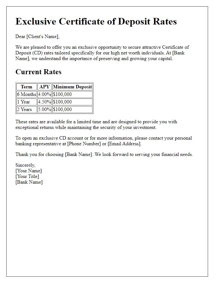 Letter template of exclusive CD account rates for high net worth individuals.