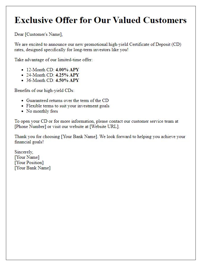 Letter template of promotional high-yield CD rates for long-term investors.