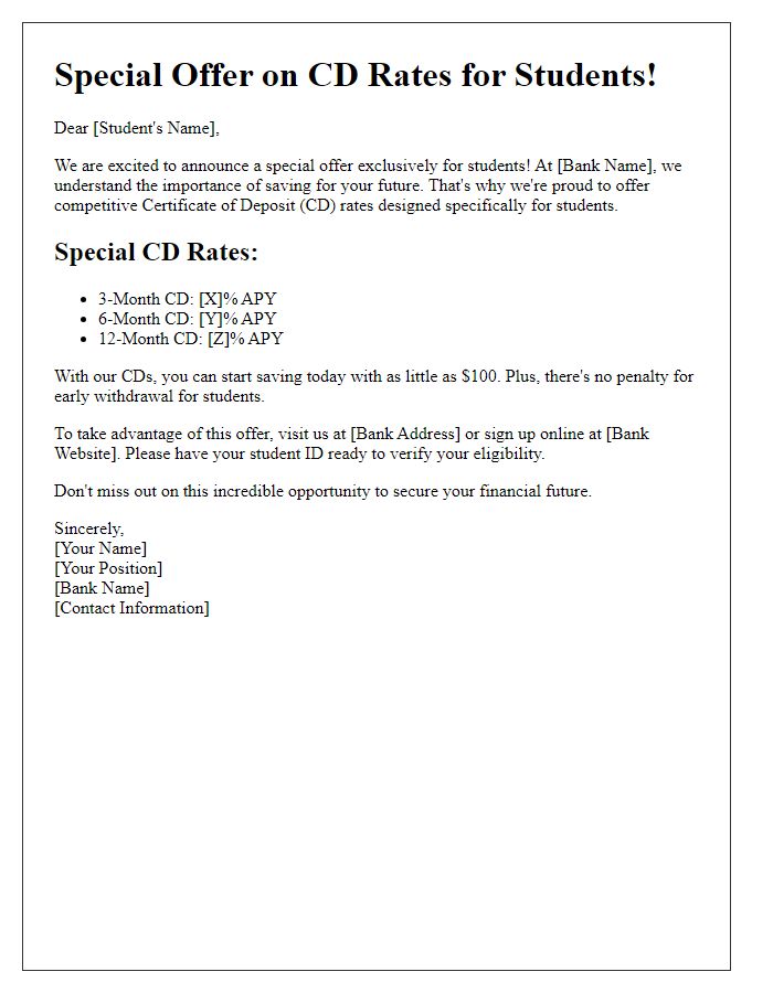 Letter template of special offer CD rates for students.