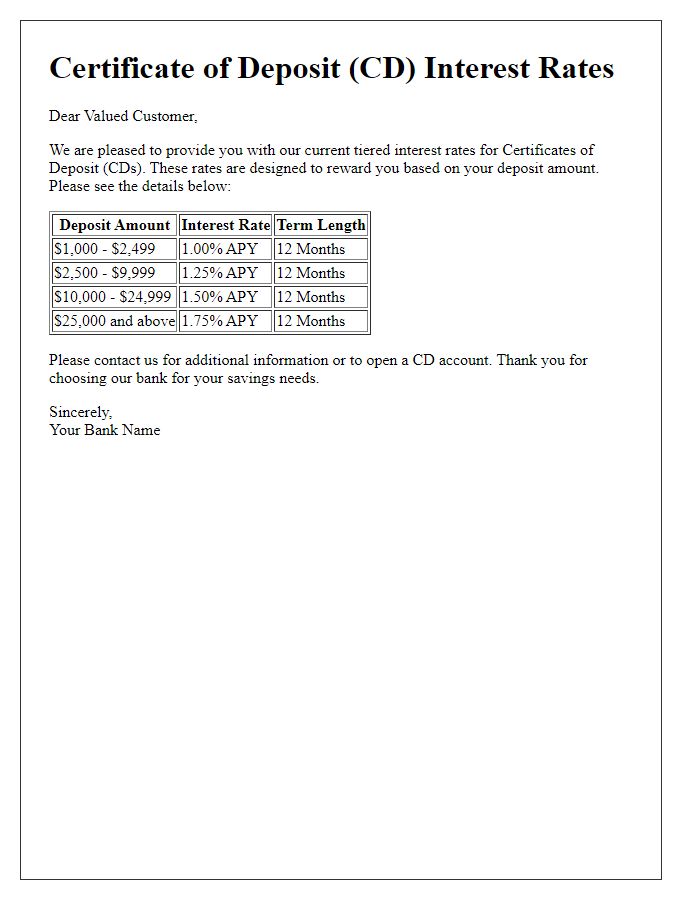 Letter template of tiered CD interest rates for various deposit amounts.