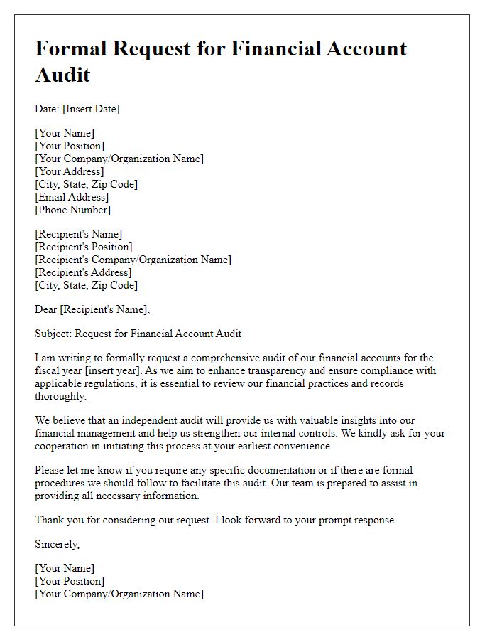 Letter template of formal request for financial account audit