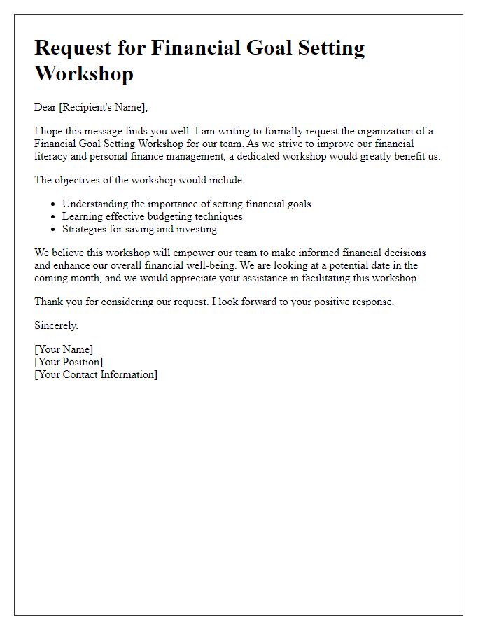 Letter template of request for financial goal setting workshop.