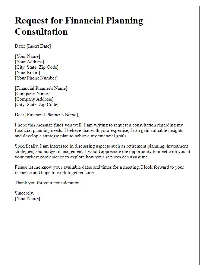 Letter template of request for a financial planning consultation.