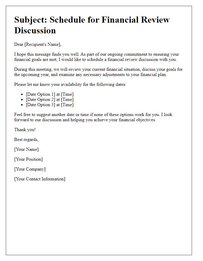 Letter template of scheduling a financial review discussion.