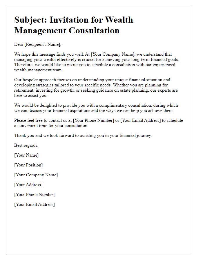 Letter template of solicitation for wealth management consultation.