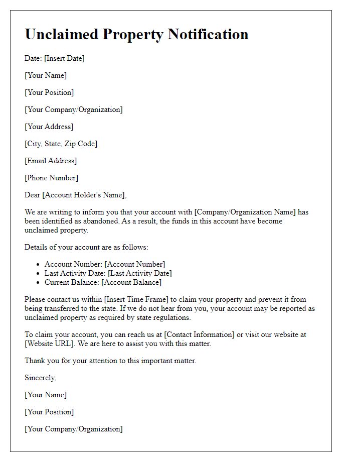 Letter template of unclaimed property notification for abandoned accounts.