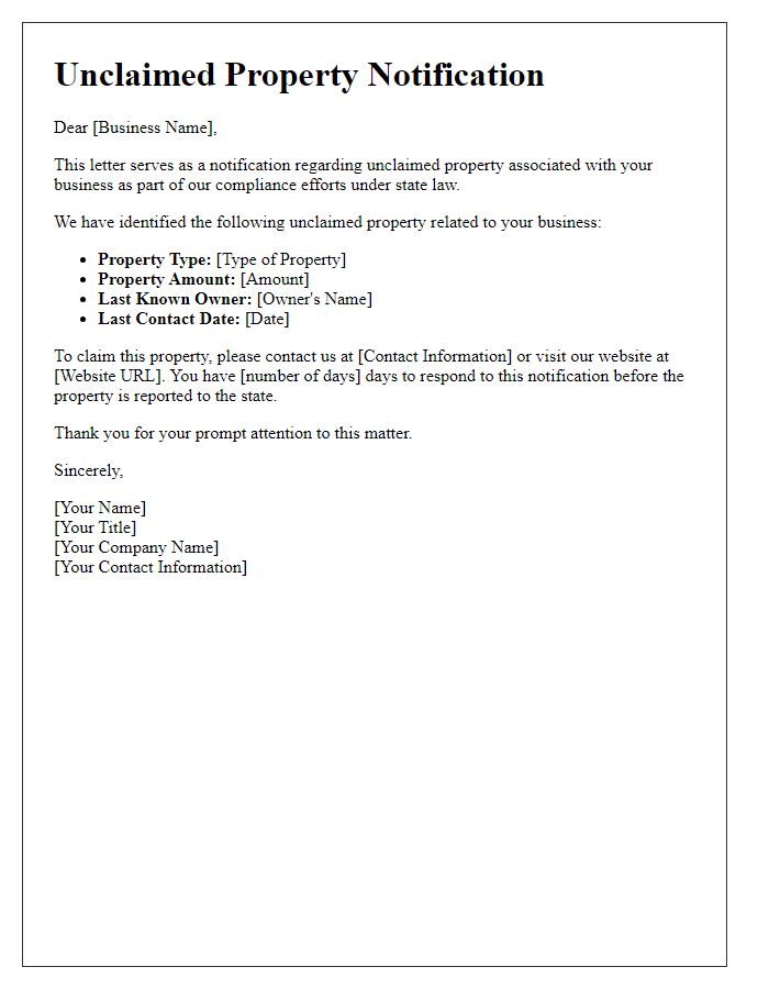 Letter template of unclaimed property notification for businesses.