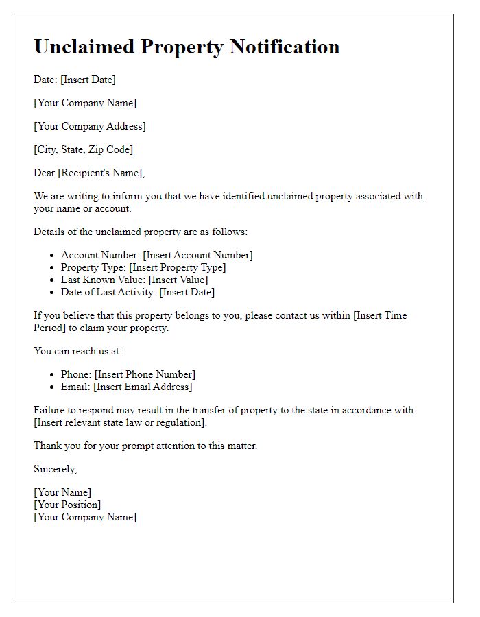 Letter template of unclaimed property notification for compliance purposes.