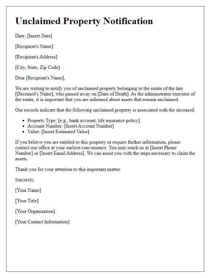 Letter template of unclaimed property notification for deceased estates.