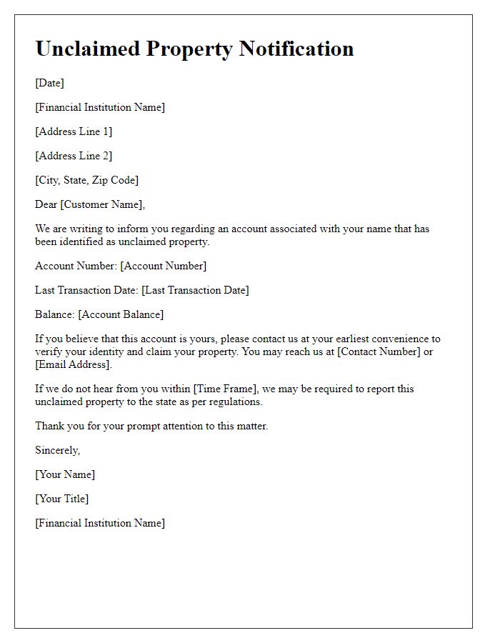 Letter template of unclaimed property notification for financial institutions.