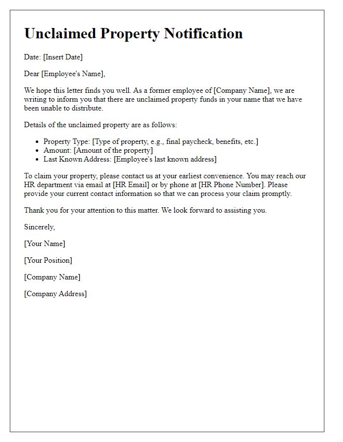 Letter template of unclaimed property notification for former employees.