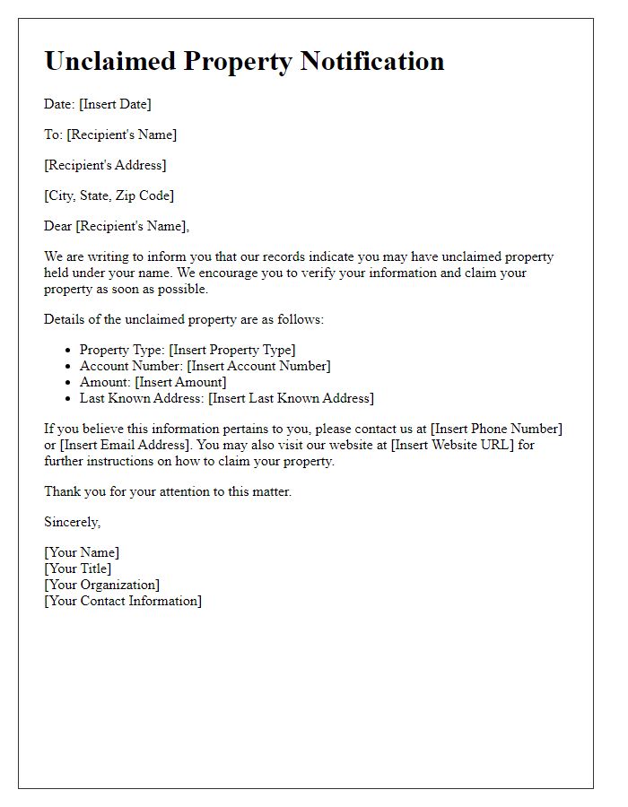 Letter template of unclaimed property notification for individuals.