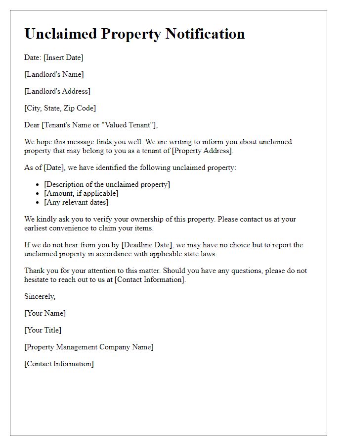 Letter template of unclaimed property notification for landlords.