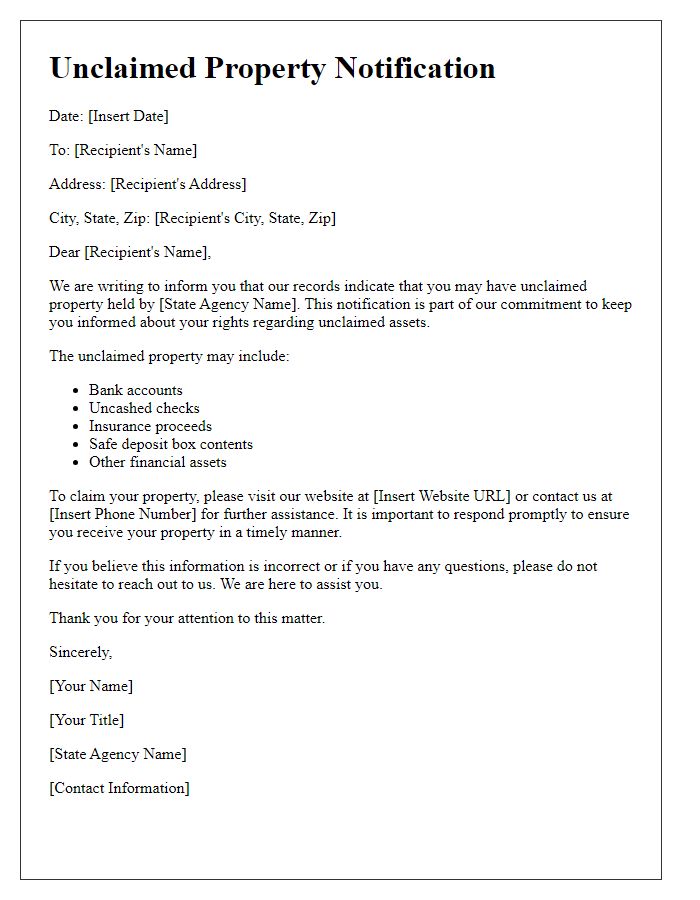 Letter template of unclaimed property notification for state agencies.