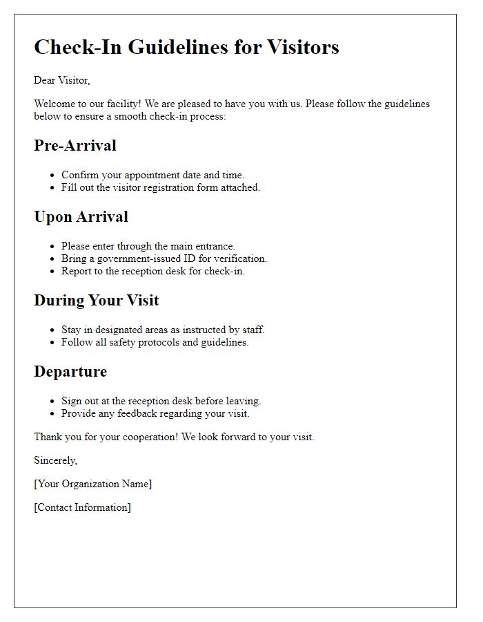 Letter template of Check-In Guidelines for Visitors.