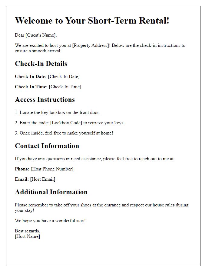 Letter template of Check-In Instructions for Short-term Rentals.