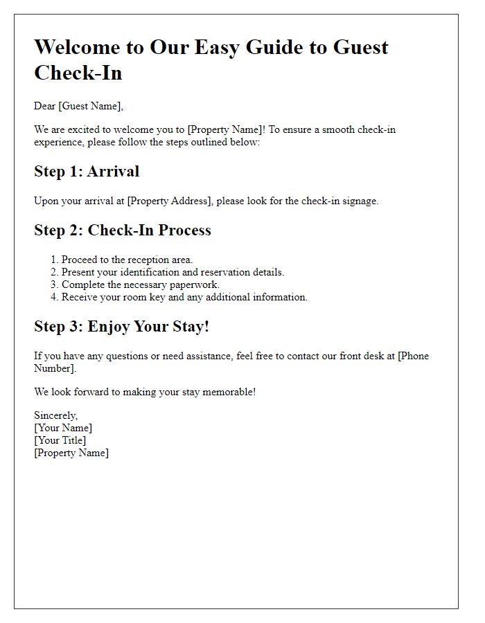 Letter template of Easy Guide to Guest Check-In.