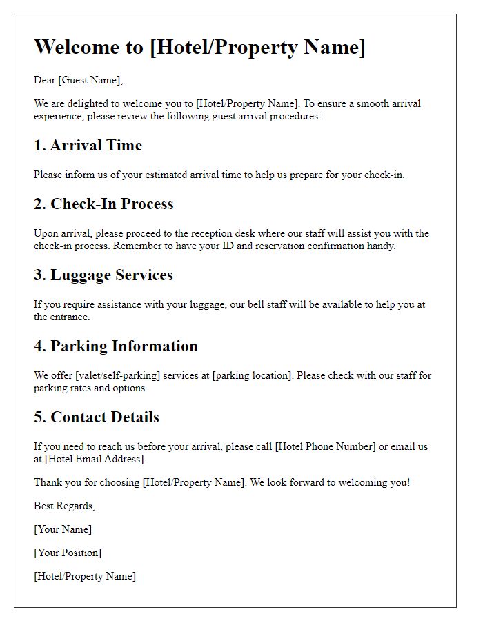 Letter template of Guest Arrival Procedures.