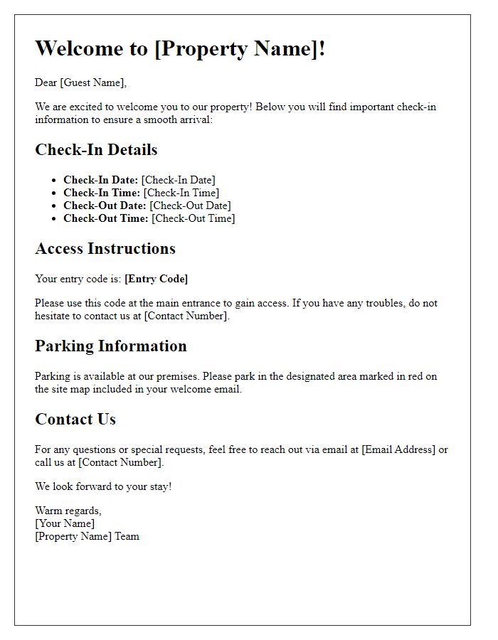 Letter template of Important Check-In Information for Guests.