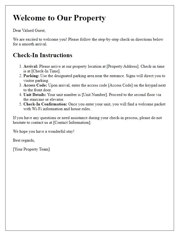 Letter template of Step-by-Step Check-In Directions for Guests.