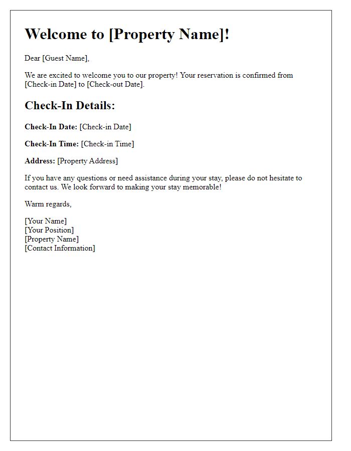 Letter template of Welcome Message with Check-In Details.