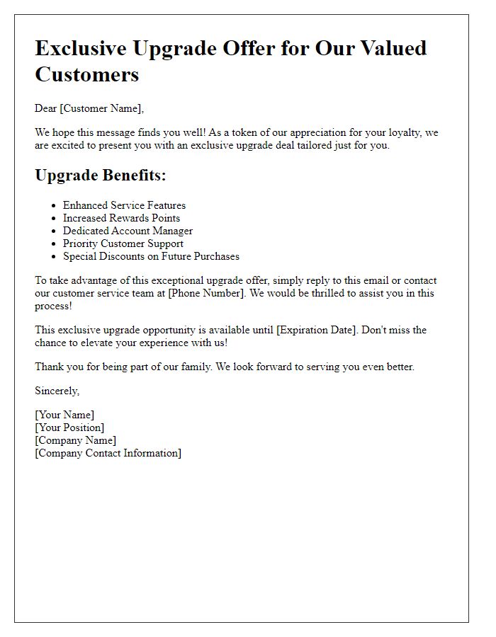 Letter template of preferred customer upgrade deal