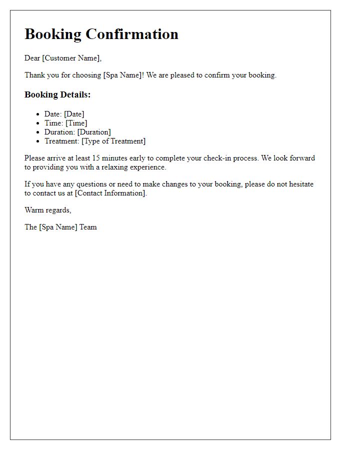 Letter template of booking confirmation for a spa session.