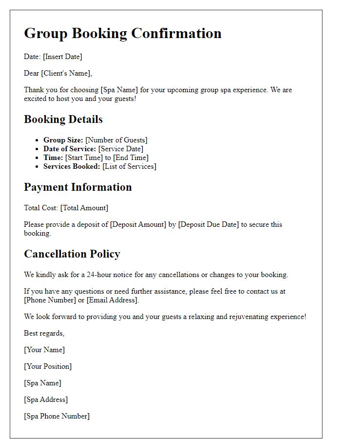 Letter template of group booking for spa services.