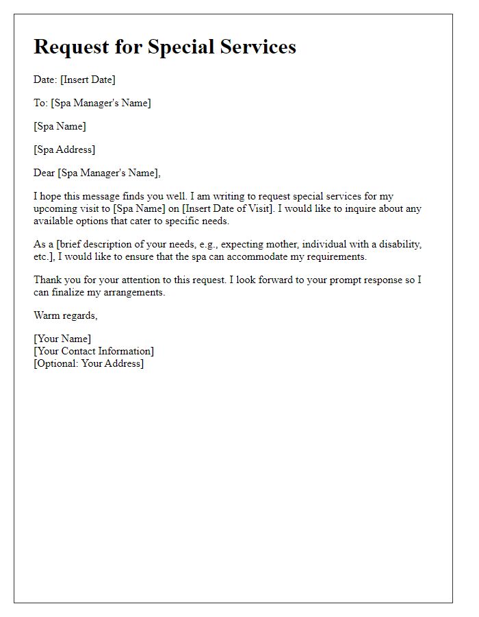 Letter template of requesting special services for a spa visit.