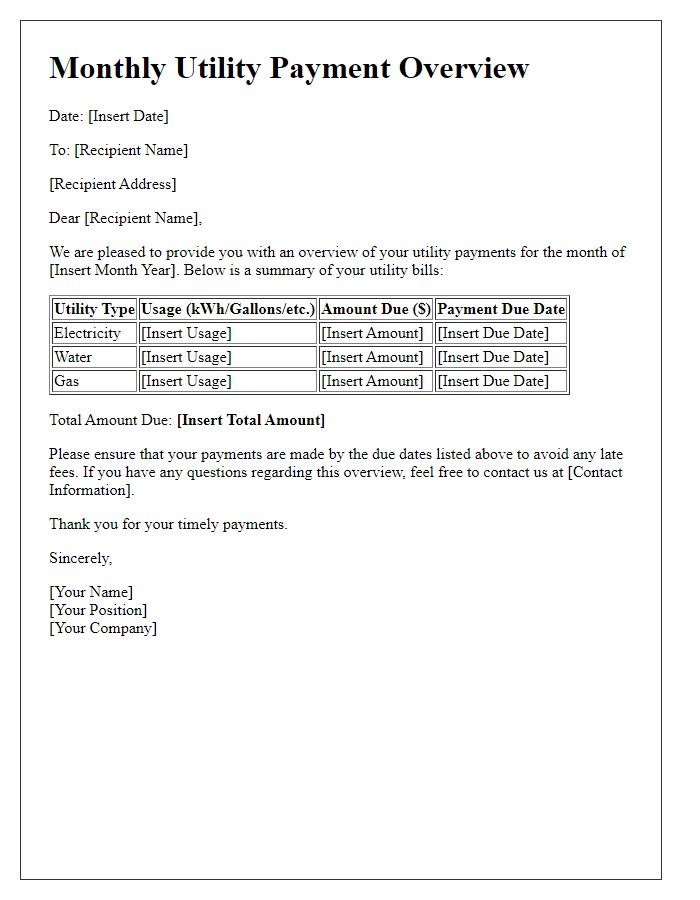 Letter template of monthly utility payment overview