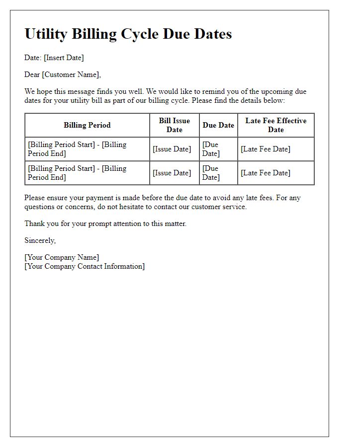 Letter template of utility billing cycle due dates