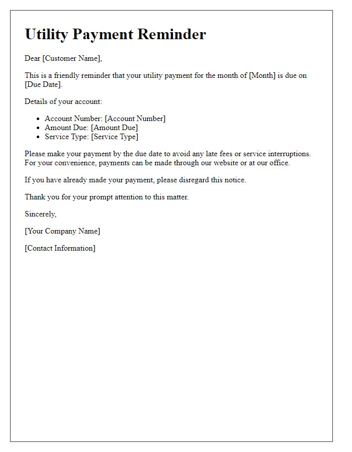 Letter template of utility payment reminder for upcoming due dates