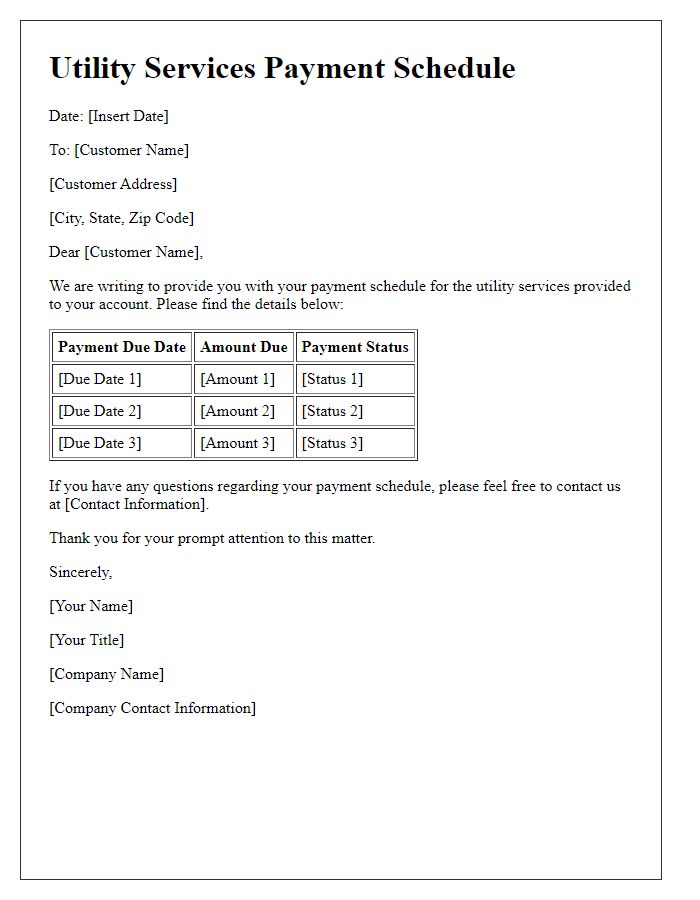 Letter template of utility services payment schedule