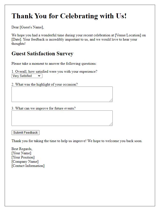 Letter template of a guest satisfaction survey after a special occasion