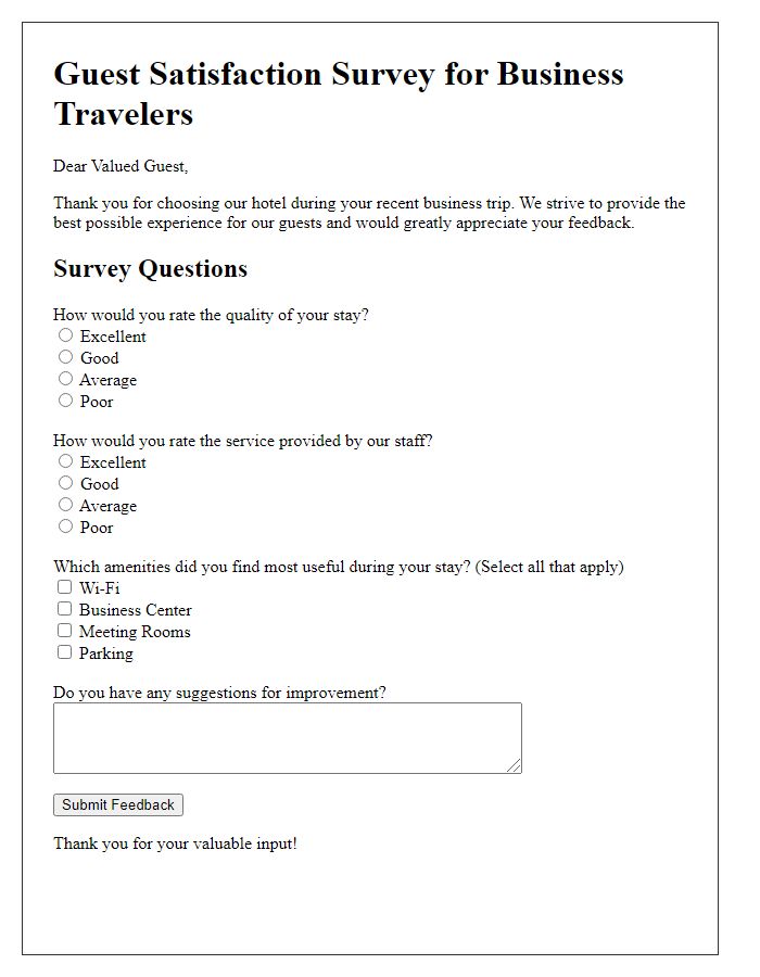 Letter template of a guest satisfaction survey for business travelers