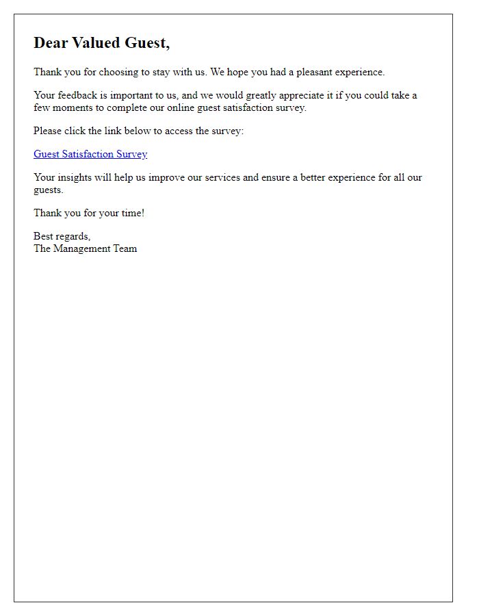 Letter template of an online guest satisfaction survey link