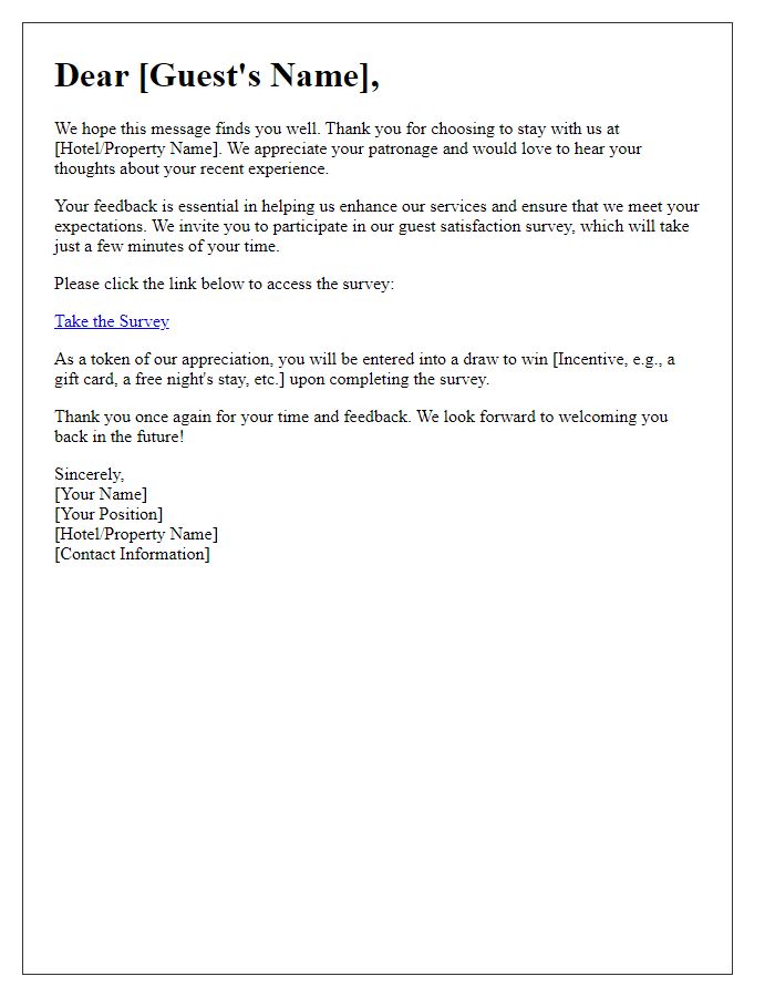 Letter template of a personalized guest satisfaction survey request