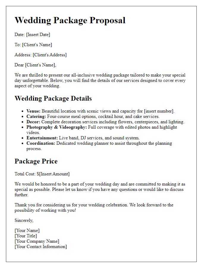 Letter template of wedding package proposal for all-inclusive services