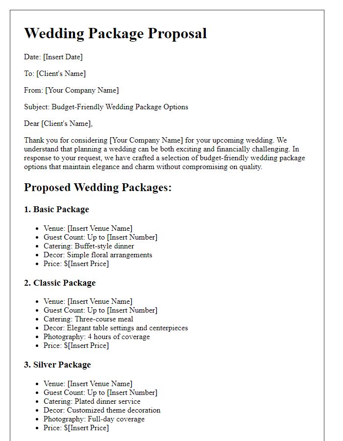 Letter template of wedding package proposal for budget-friendly options