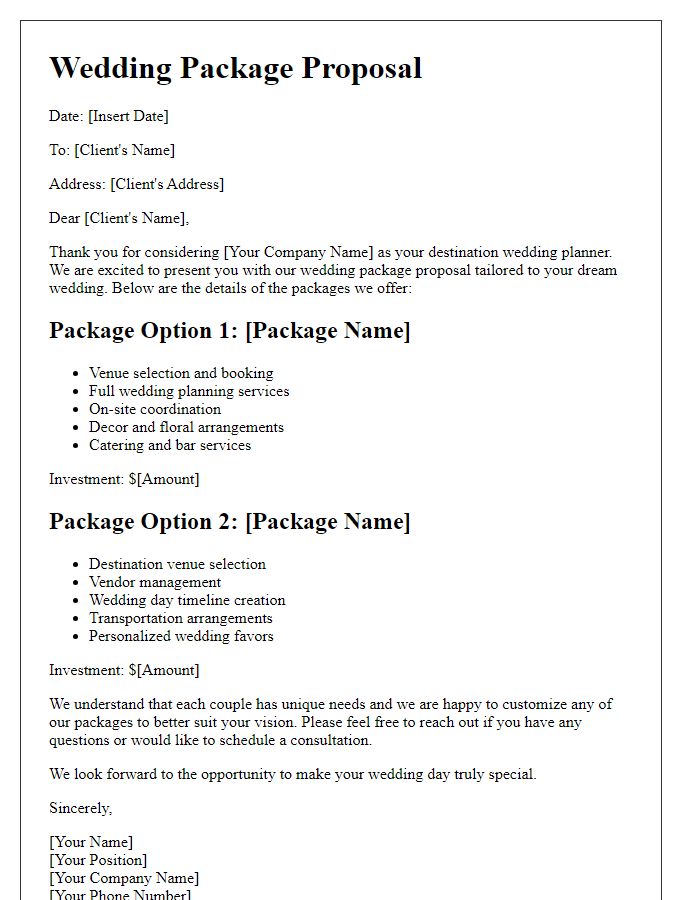 Letter template of wedding package proposal for destination weddings