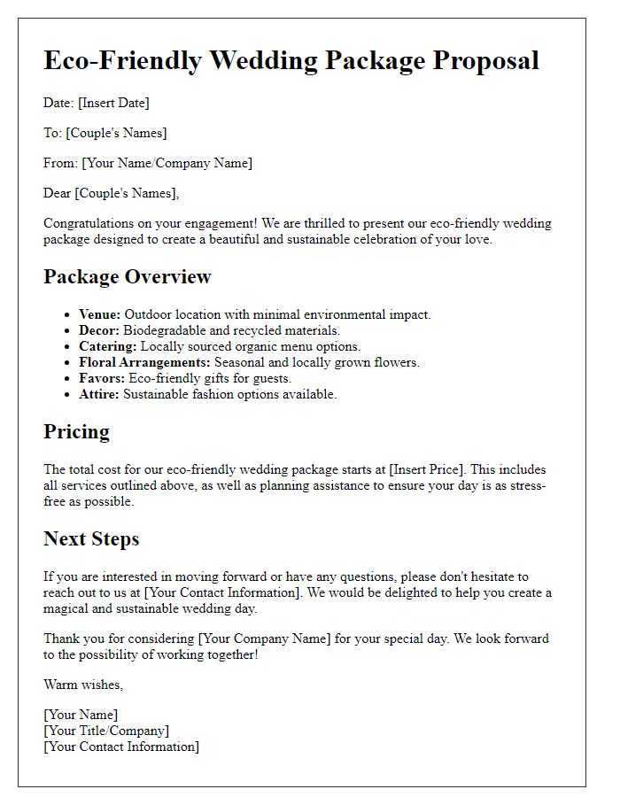 Letter template of wedding package proposal for eco-friendly weddings