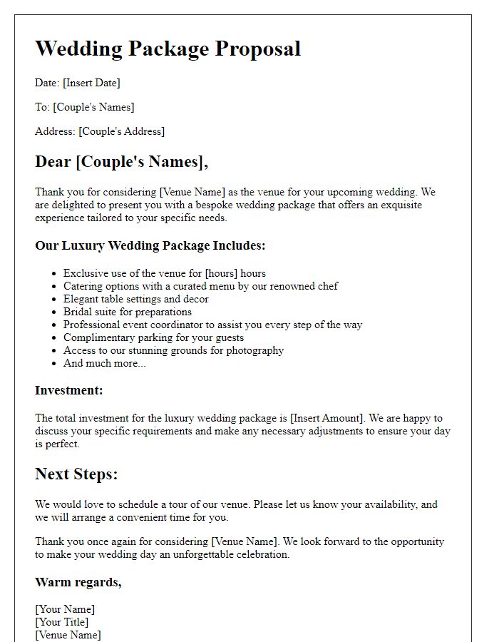 Letter template of wedding package proposal for luxury venues