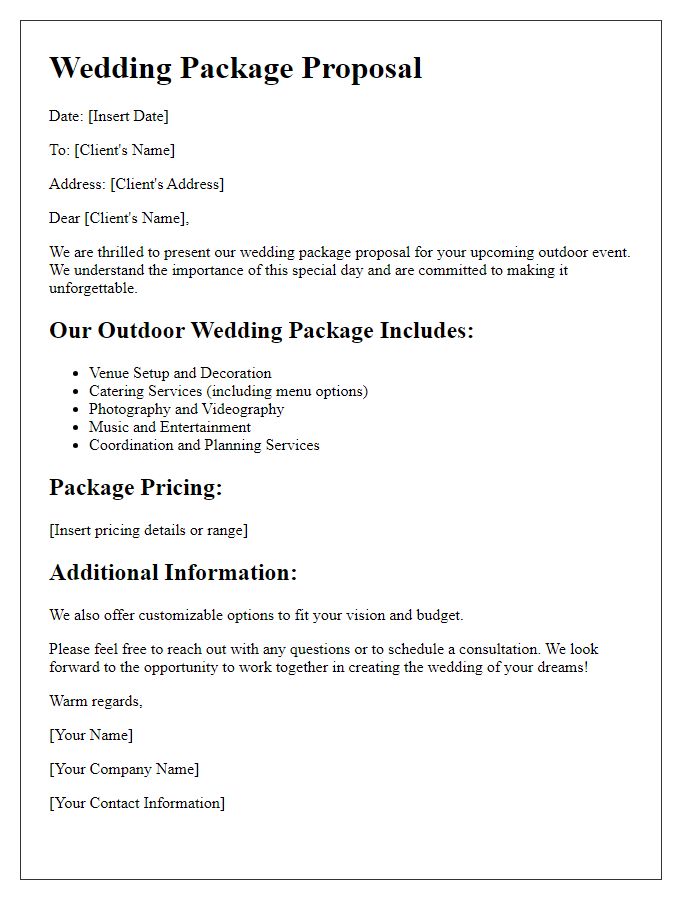 Letter template of wedding package proposal for outdoor events